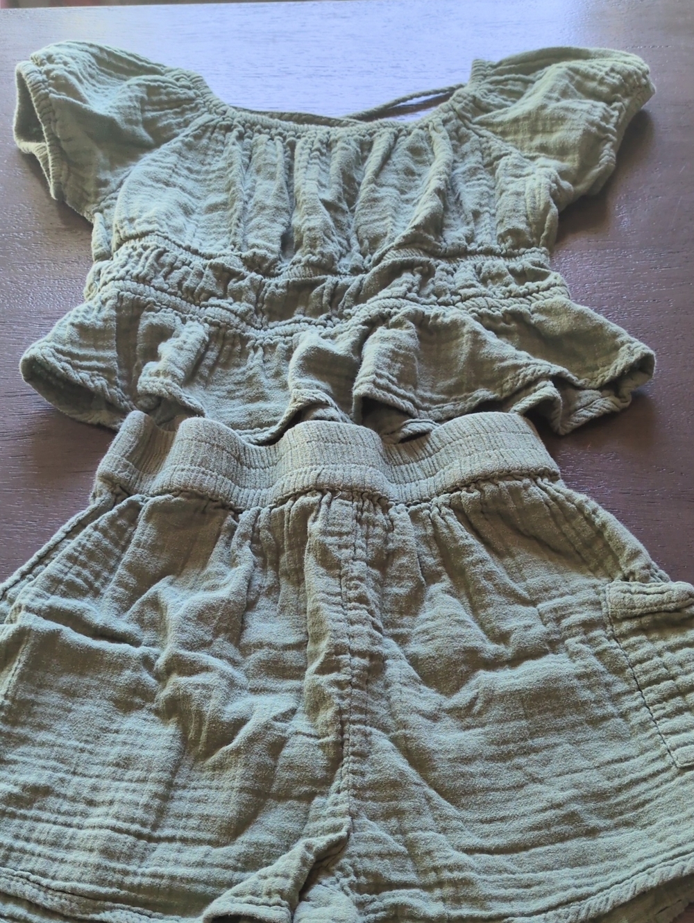 Girls Olive Green Ruffled Two-Piece Casual Set